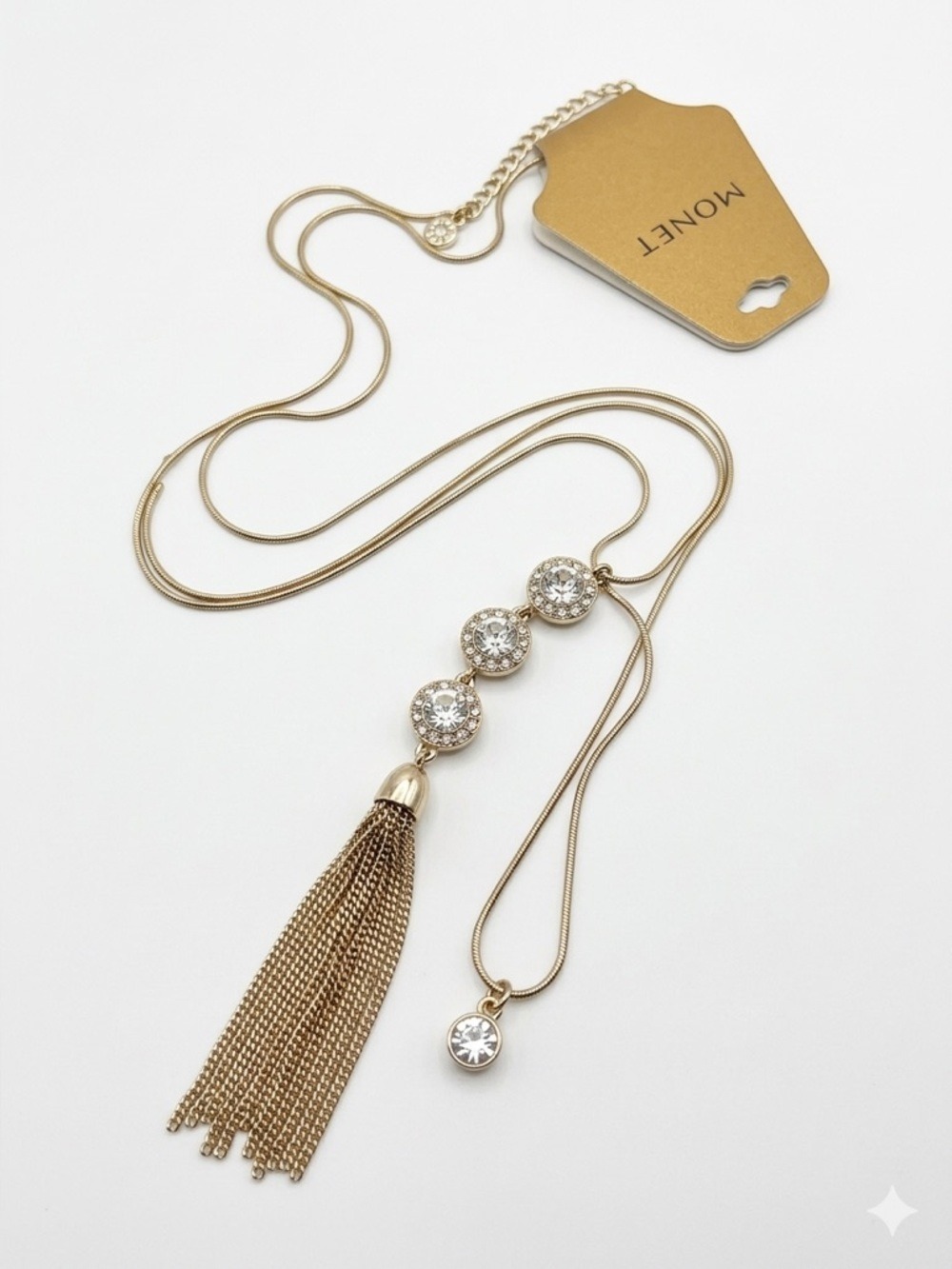 Vintage Monet Long Tassel Necklace – NWT Deadstock – Gold-Tone & Crystal Accents